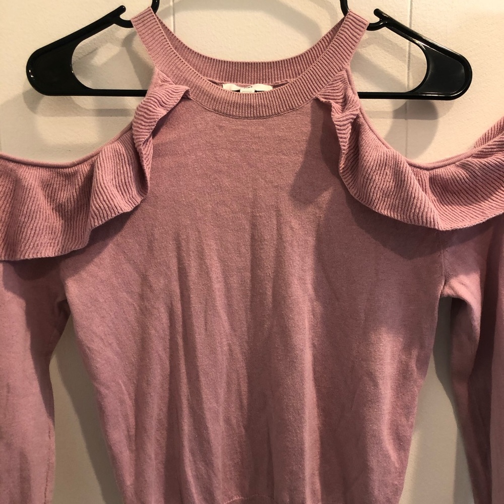 Light pink blush sweater with ruffle open shoulder